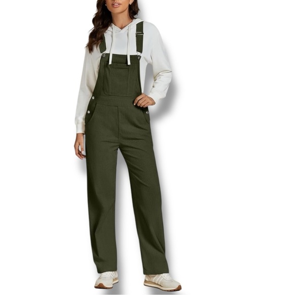 Source Unknown Pants - NWT Corduroy Baggy Bib Carpenter Stretch Overalls Straight Leg Olive Green Women